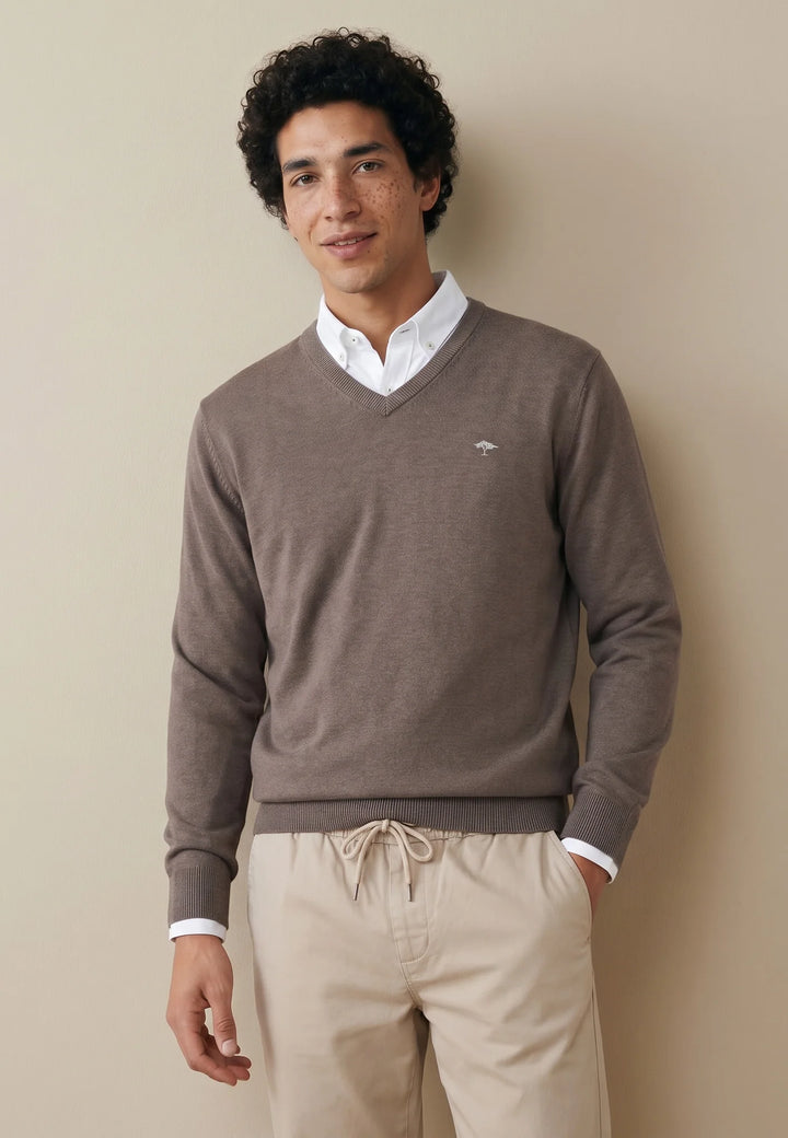 Fine Knit Cotton V-Neck Sweater Earth