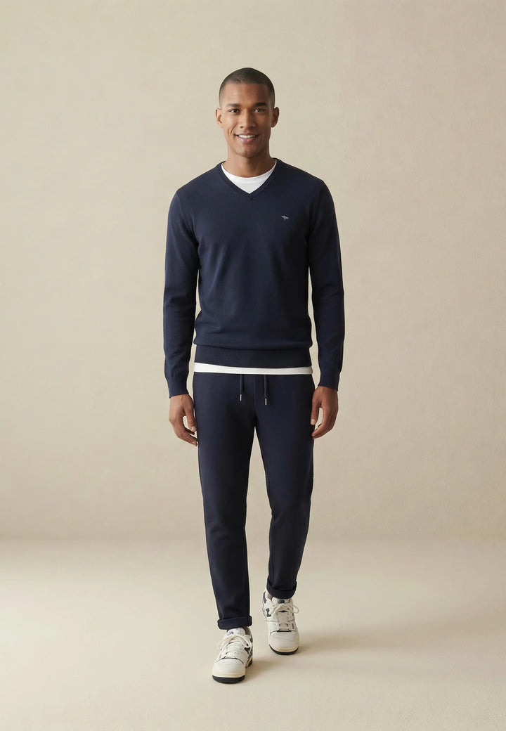 Fine Knit Cotton V-Neck Sweater Navy