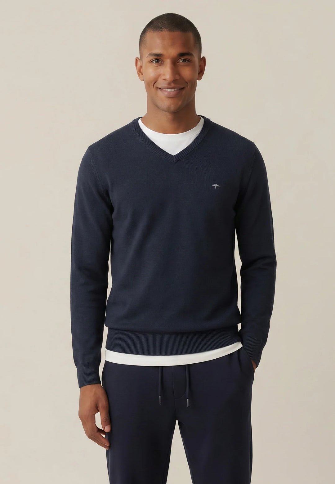 Fine Knit Cotton V-Neck Sweater Navy