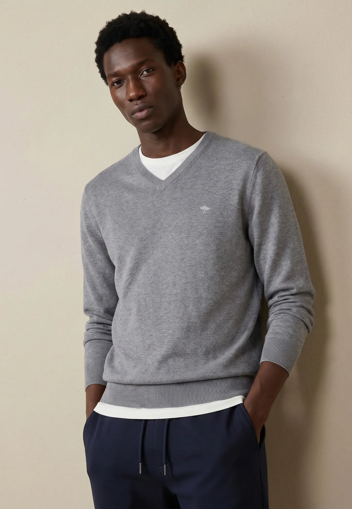 Fine Knit Cotton V-Neck Sweater Steel
