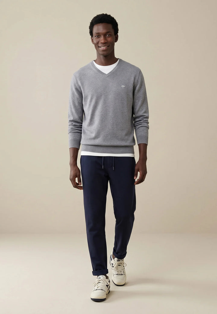 Fine Knit Cotton V-Neck Sweater Steel