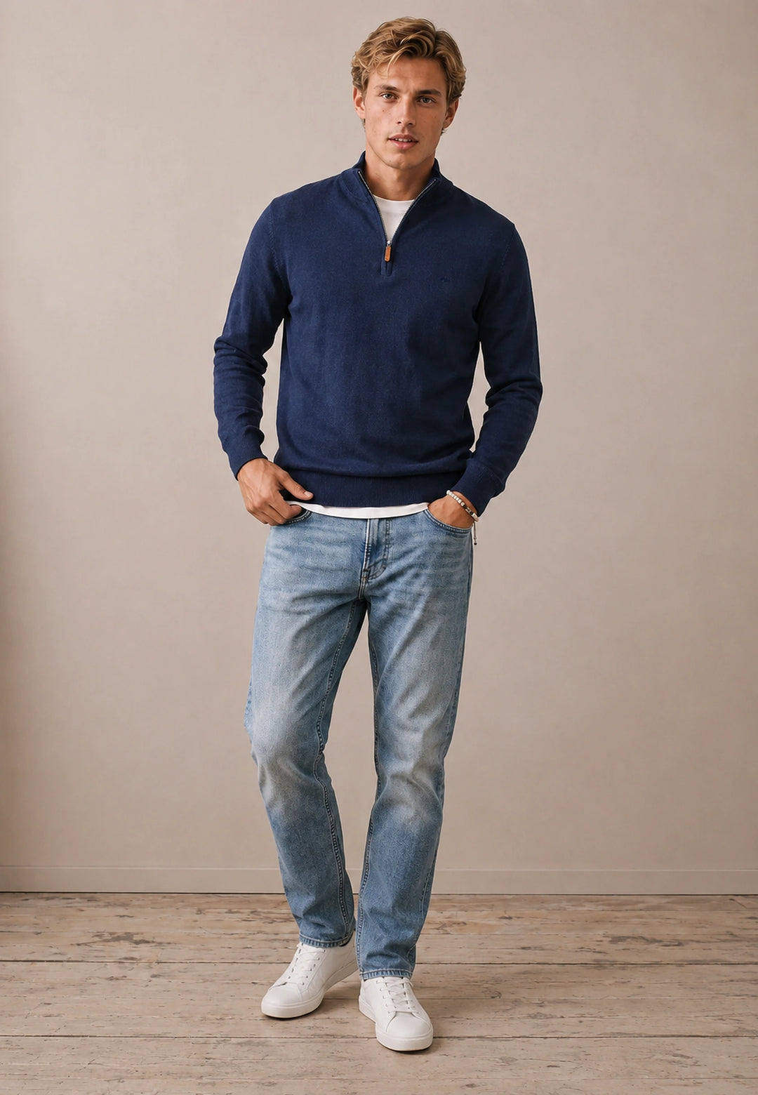 Fine Knit Air Cotton 1/4 Zip Sweater Ink Blue