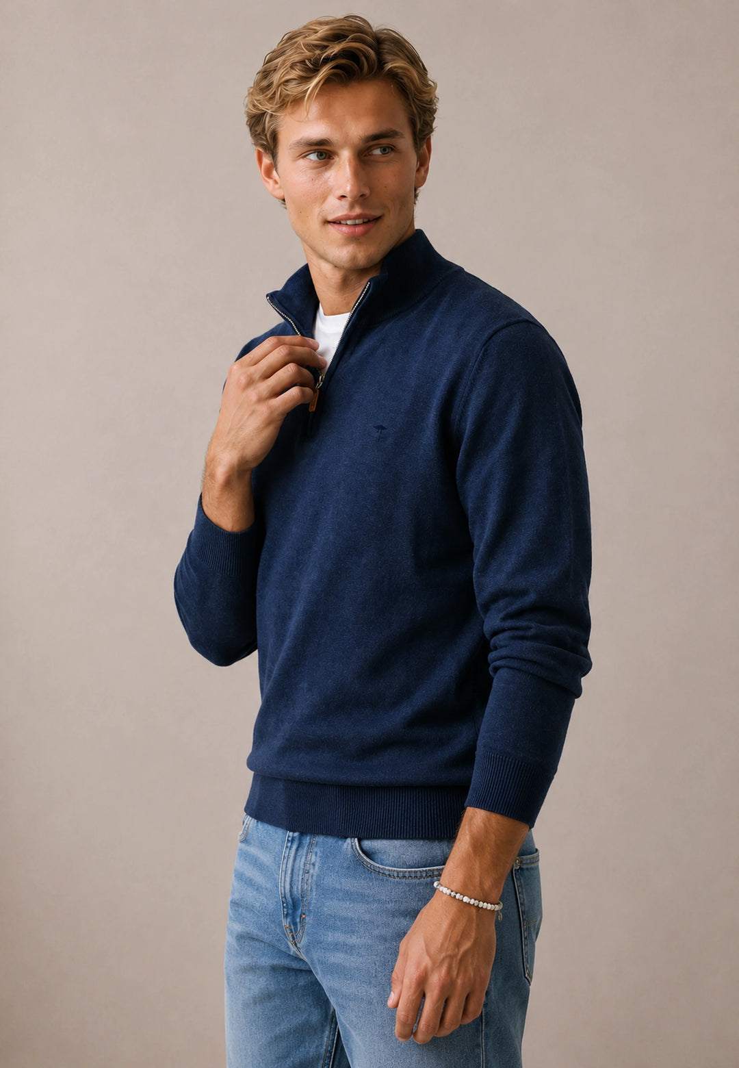 Fine Knit Air Cotton 1/4 Zip Sweater Ink Blue