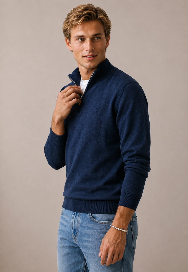 Fine Knit Air Cotton 1/4 Zip Sweater Ink Blue