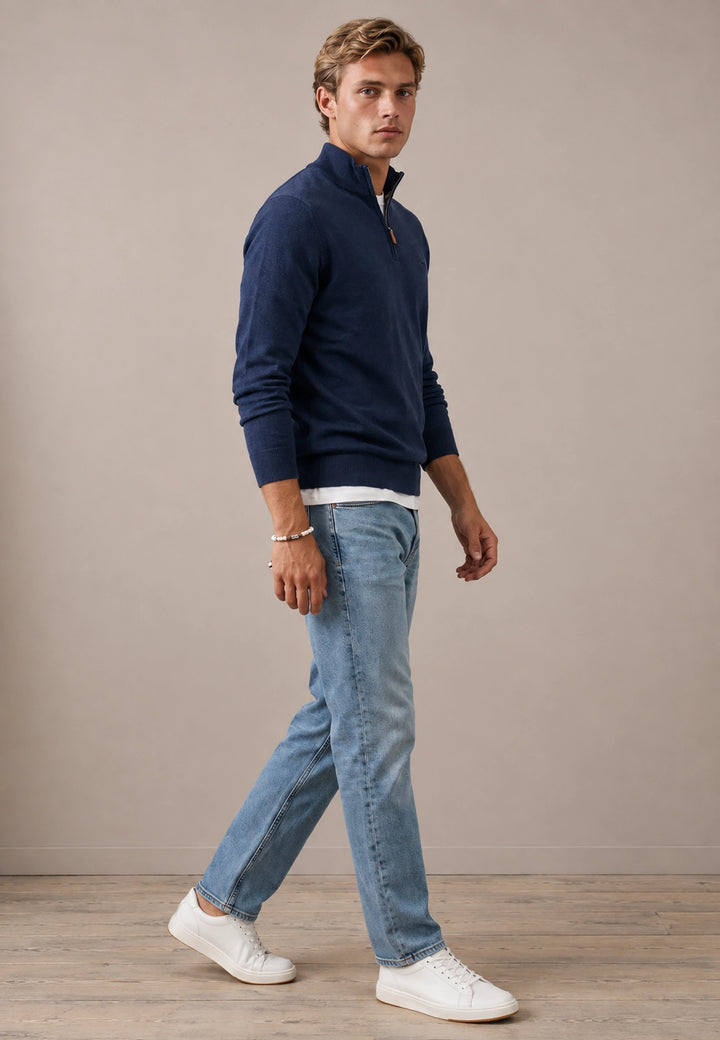 Fine Knit Air Cotton 1/4 Zip Sweater Ink Blue