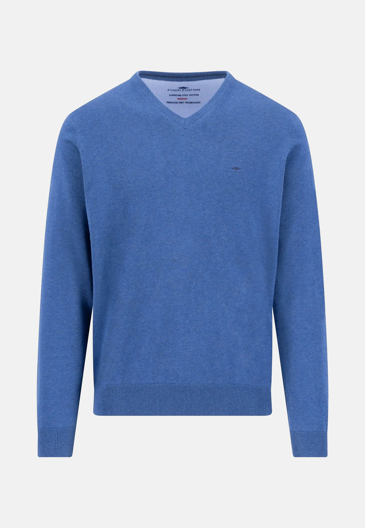 Fine Knit Cotton V-Neck Sweater Ink Blue