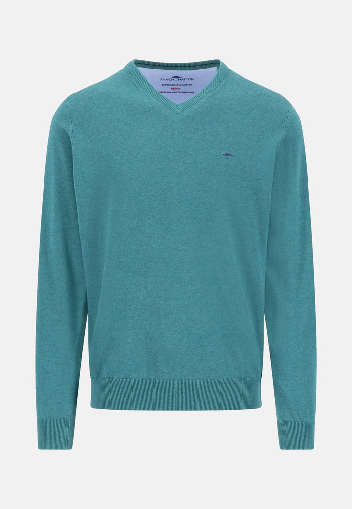 Fine Knit Cotton V-Neck Sweater Teal