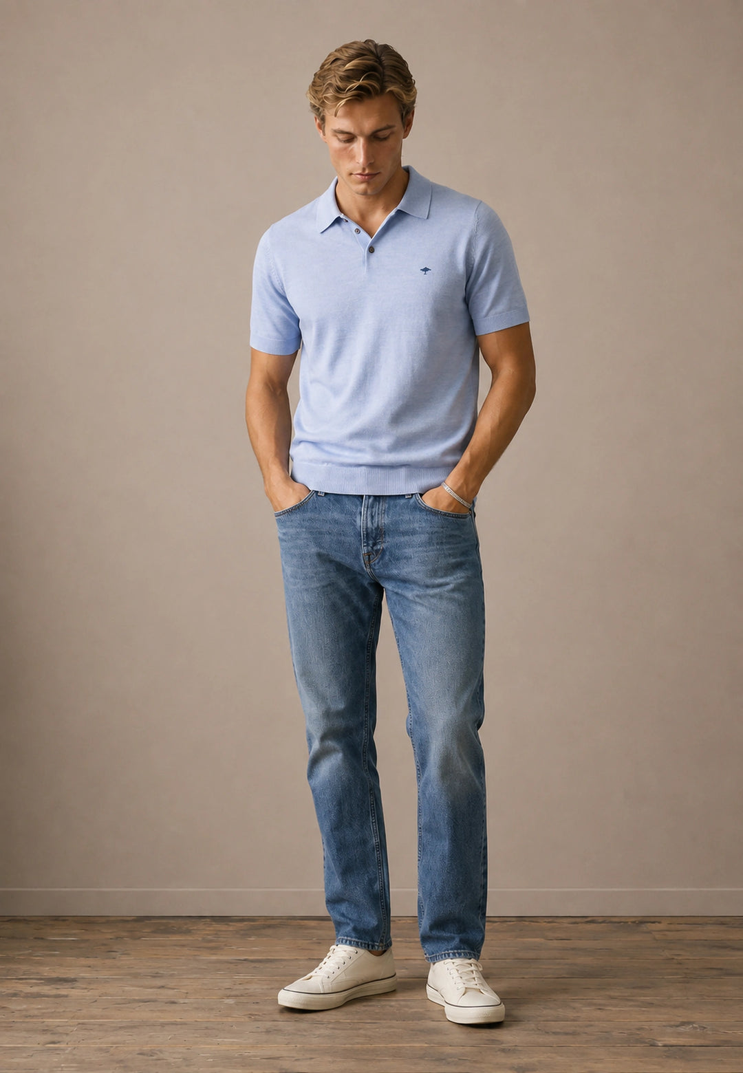 Merino Wool Fine Gauge Knit Polo Shirt Air Blue
