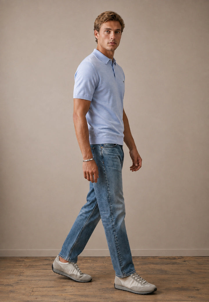 Merino Wool Fine Gauge Knit Polo Shirt Air Blue
