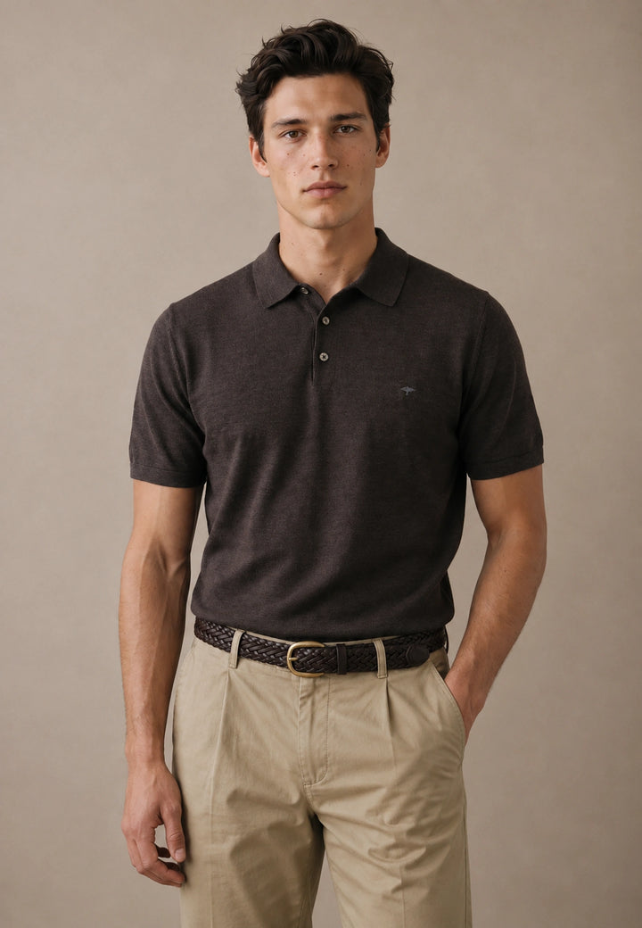 Merino Wool Fine Gauge Knit Polo Shirt Soil