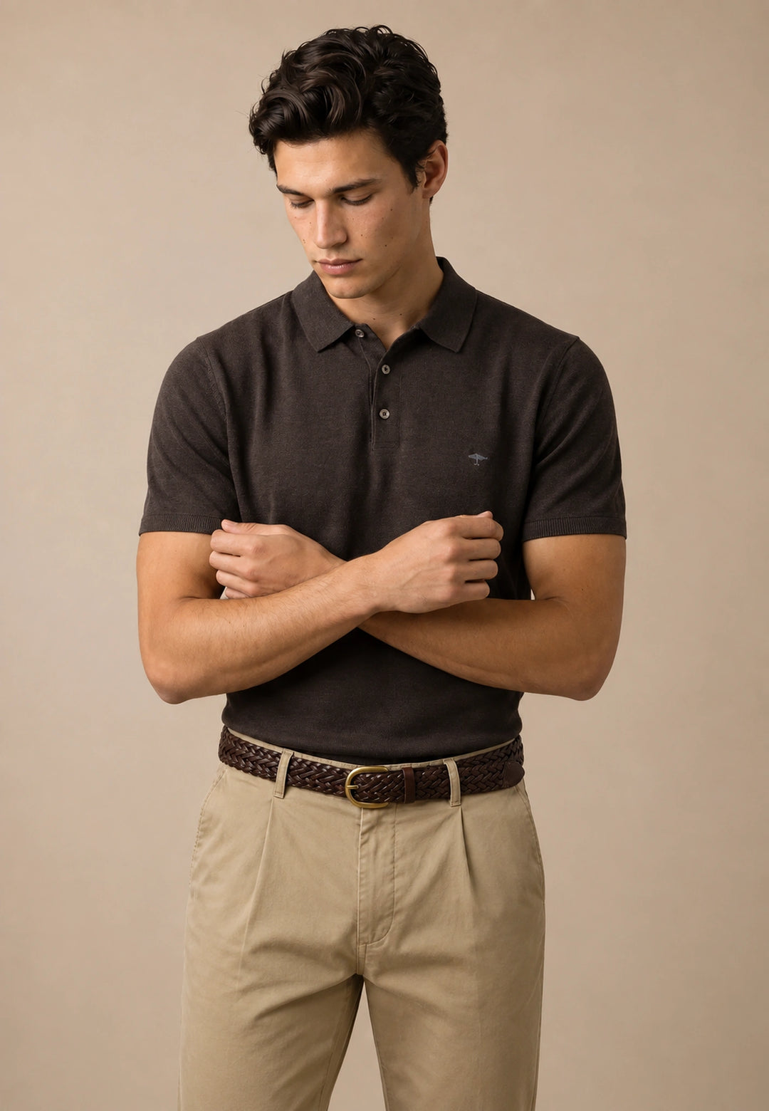 Merino Wool Fine Gauge Knit Polo Shirt Soil