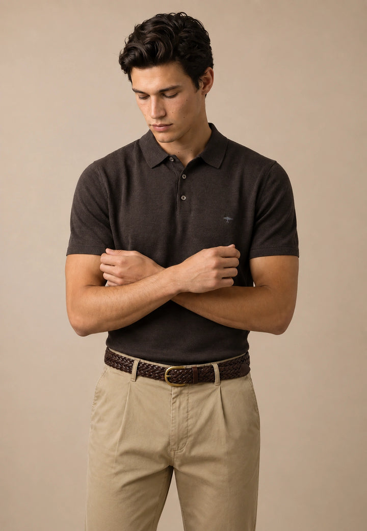 Merino Wool Fine Gauge Knit Polo Shirt Soil