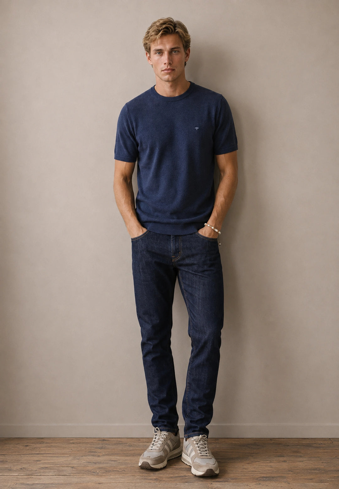 Merino Wool Fine Gauge Knit T-Shirt Navy