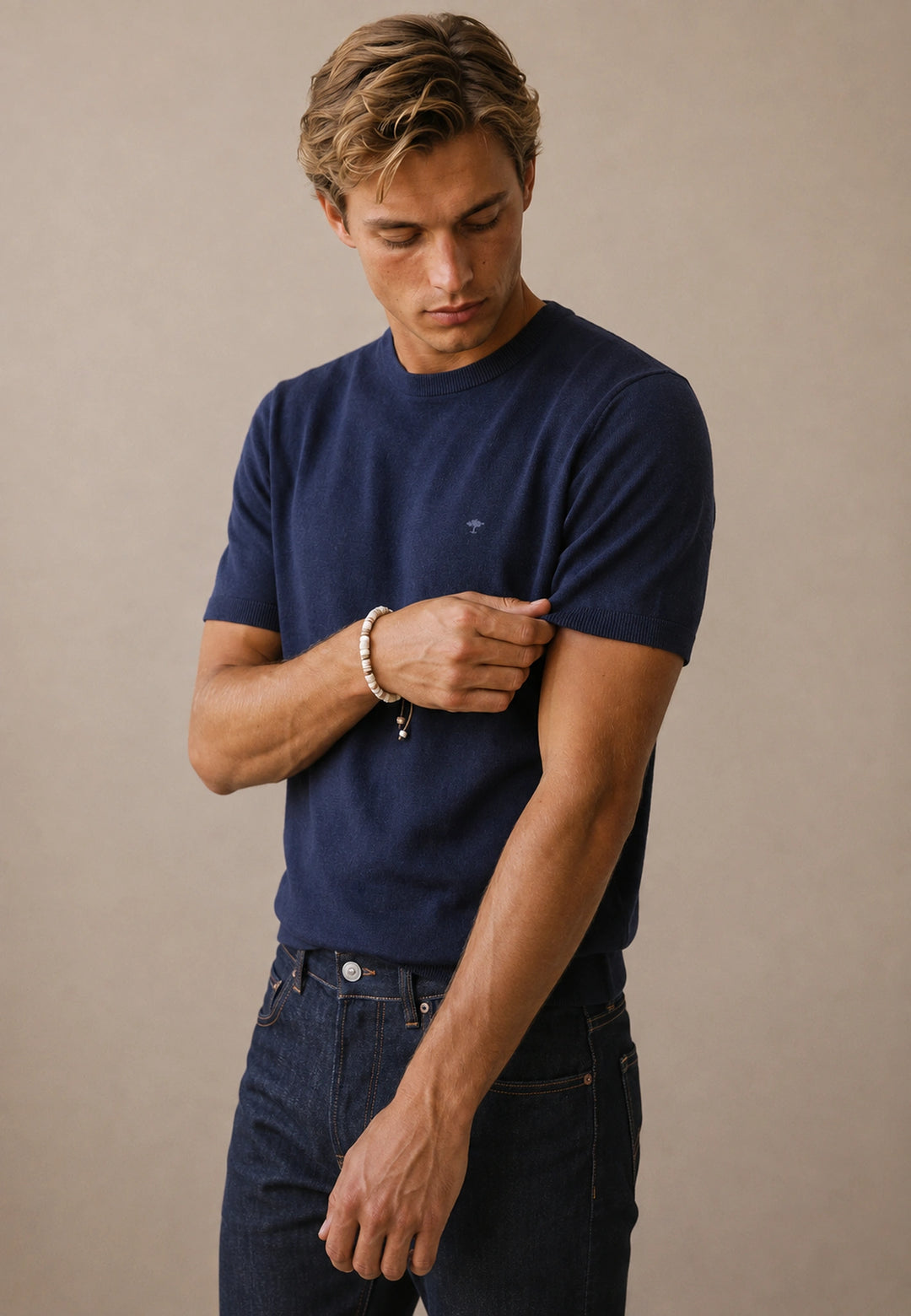 Merino Wool Fine Gauge Knit T-Shirt Navy