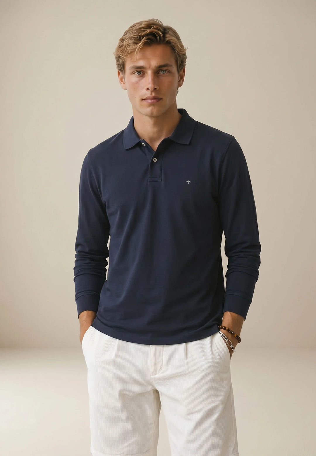 Premium Cotton Long Sleeve Polo-Shirt Navy