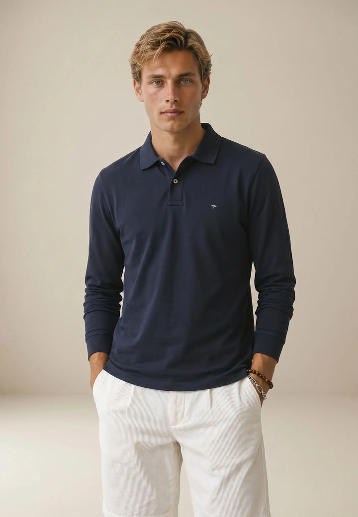 Premium Cotton Long Sleeve Polo-Shirt Navy
