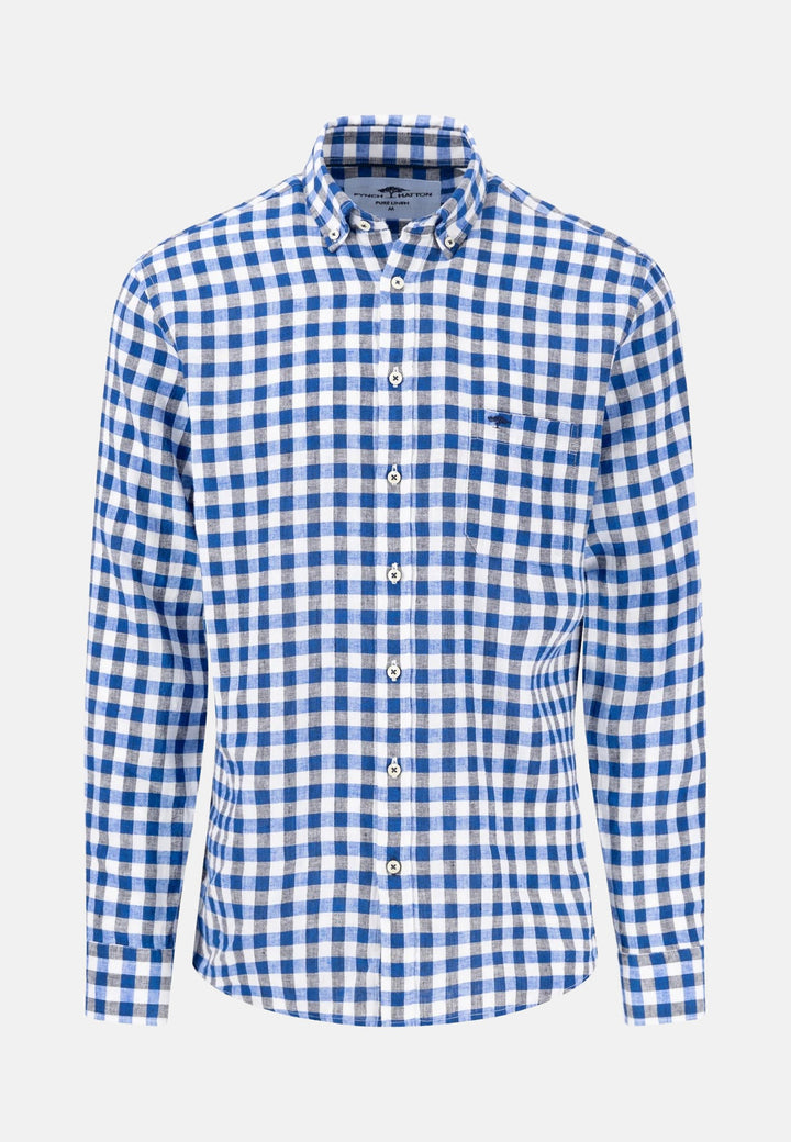 Linen Check Shirt Navy-Fynch-Hatton UK