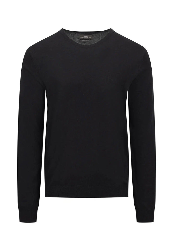 MERINO WOOL CREWNECK KNIT BLACK-Fynch-Hatton UK