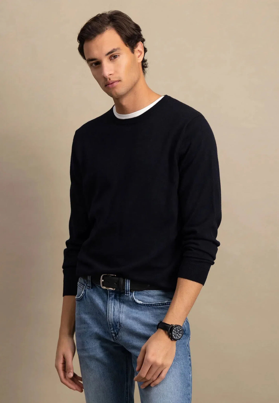 Merino Wool Crewneck Knit Navy-Fynch-Hatton UK