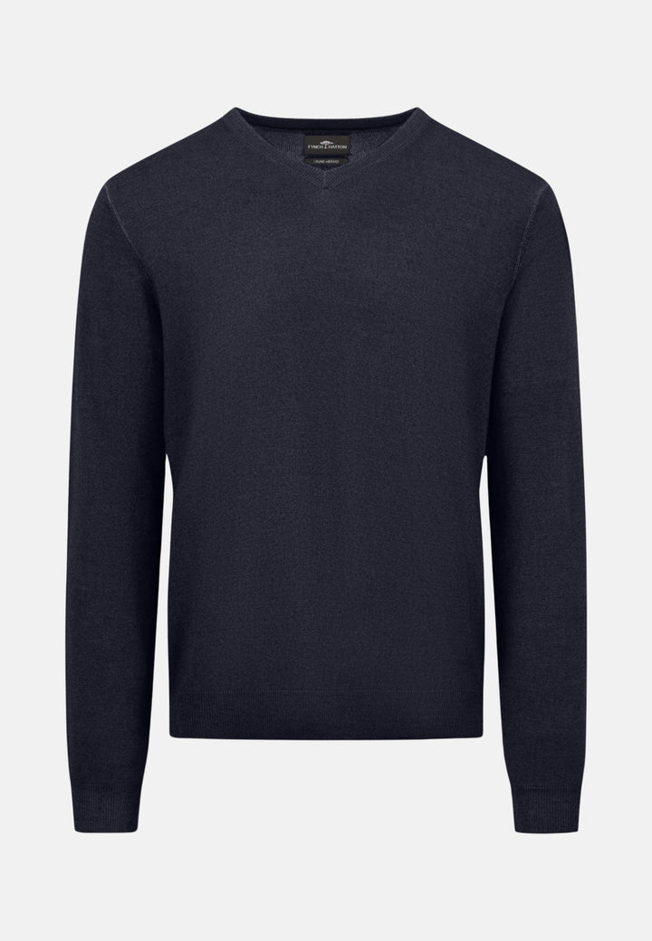 Merino Wool V-Neck Knit Navy-Fynch-Hatton UK