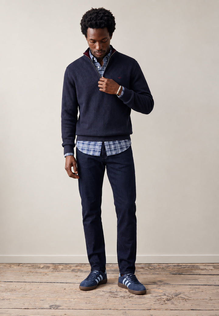 Ribbed Cotton 1/4 Zip Knit Navy
