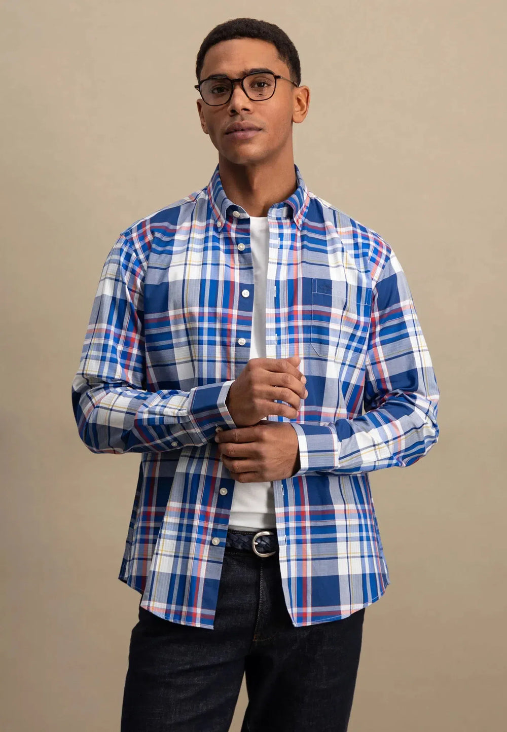 Oxford Check Mix Shirt Strong Blue-Fynch-Hatton UK