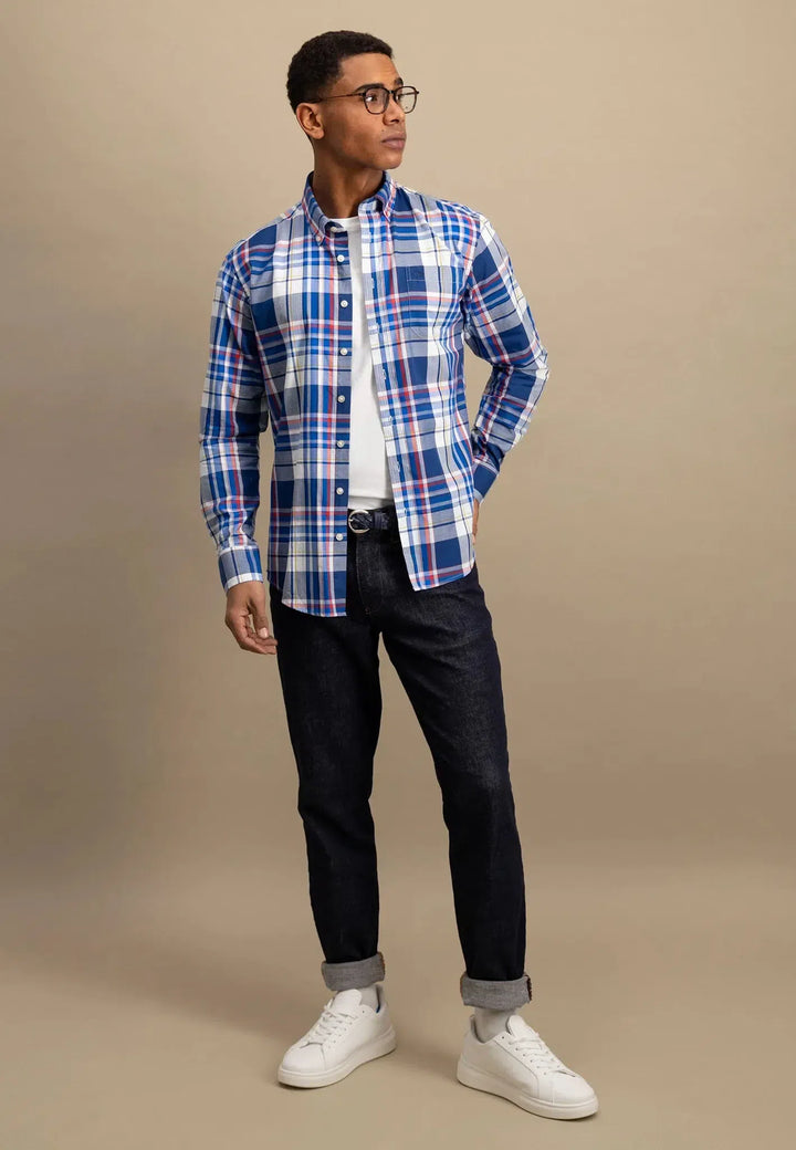 Oxford Check Mix Shirt Strong Blue-Fynch-Hatton UK