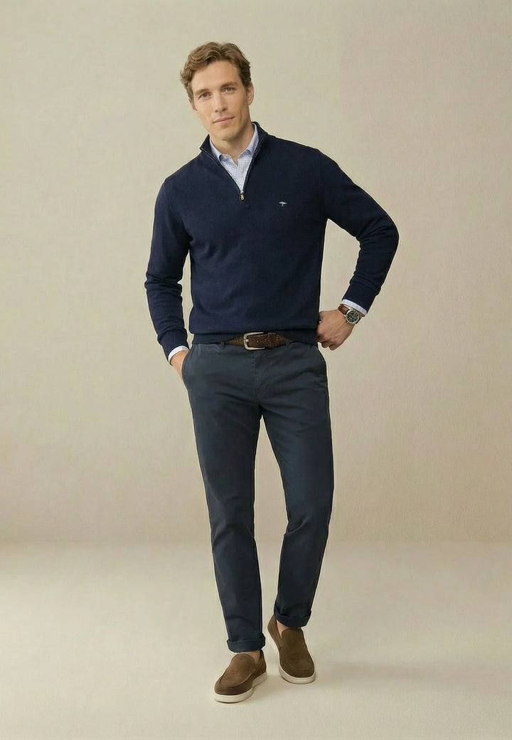 Fine Knit Cotton 1/4 Zip Sweater Navy