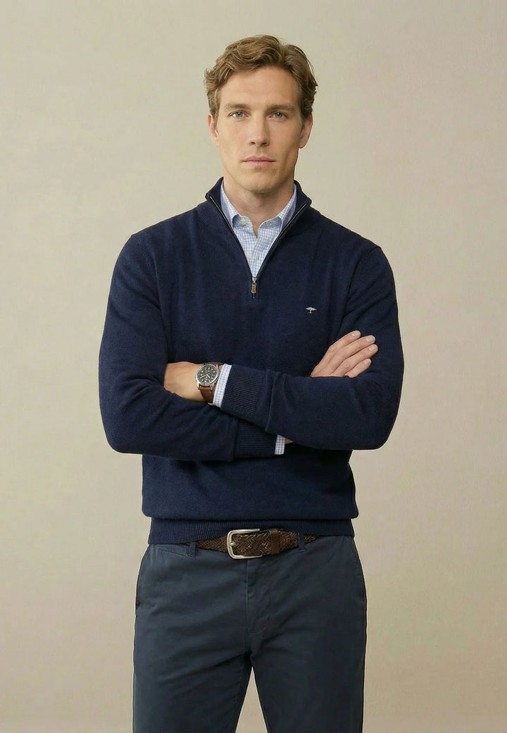 Fine Knit Cotton 1/4 Zip Sweater Navy