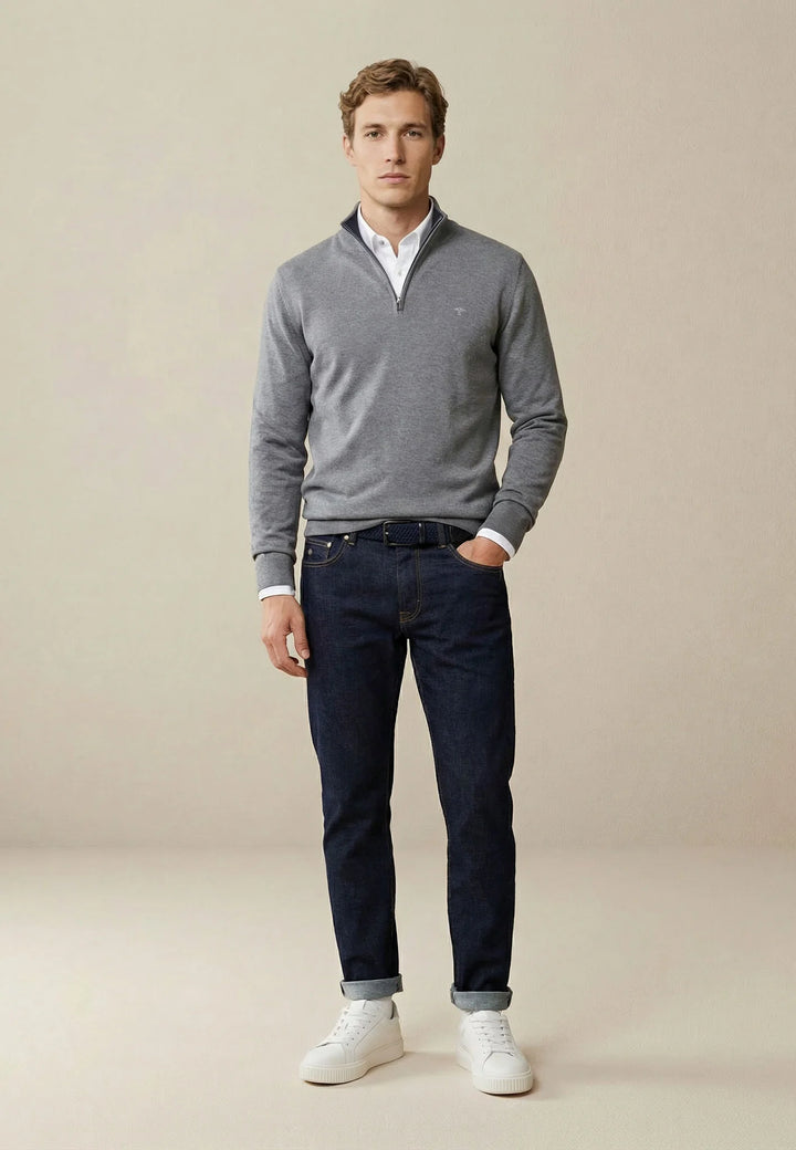 Fine Knit Cotton 1/4 Zip Sweater Steel