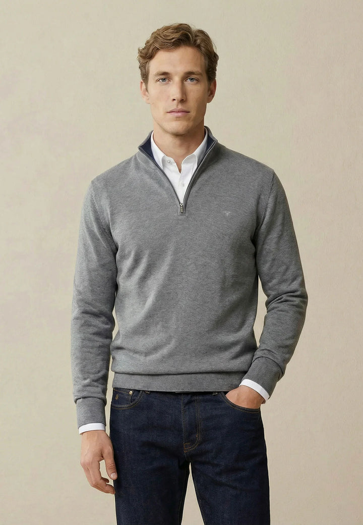 Fine Knit Cotton 1/4 Zip Sweater Steel