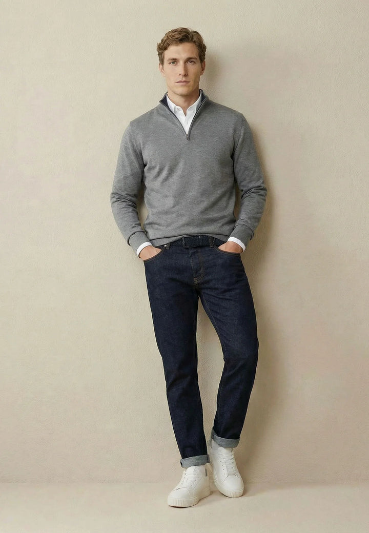 Fine Knit Cotton 1/4 Zip Sweater Steel