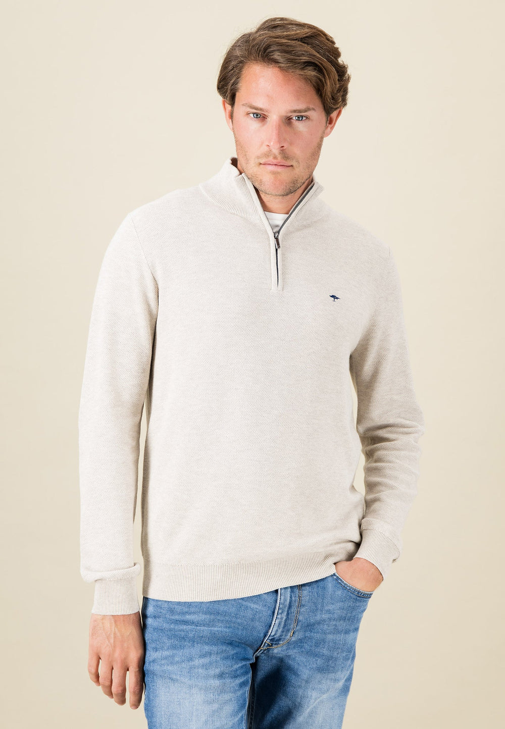 STAND COLLAR 1/4 ZIP COTTON KNIT WINTER WHITE-Fynch-Hatton UK