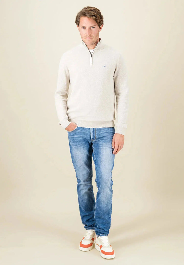 STAND COLLAR 1/4 ZIP COTTON KNIT WINTER WHITE-Fynch-Hatton UK