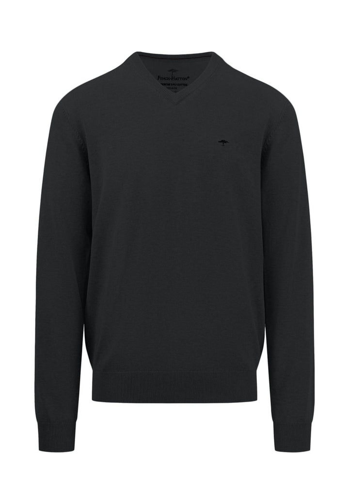 SUPERFINE V-NECK COTTON KNIT BLACK-Fynch-Hatton UK