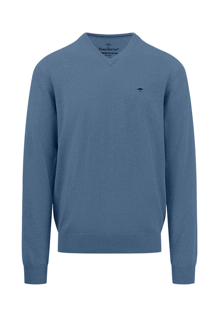 SUPERFINE V-NECK COTTON KNIT CLOUD BLUE-Fynch-Hatton UK