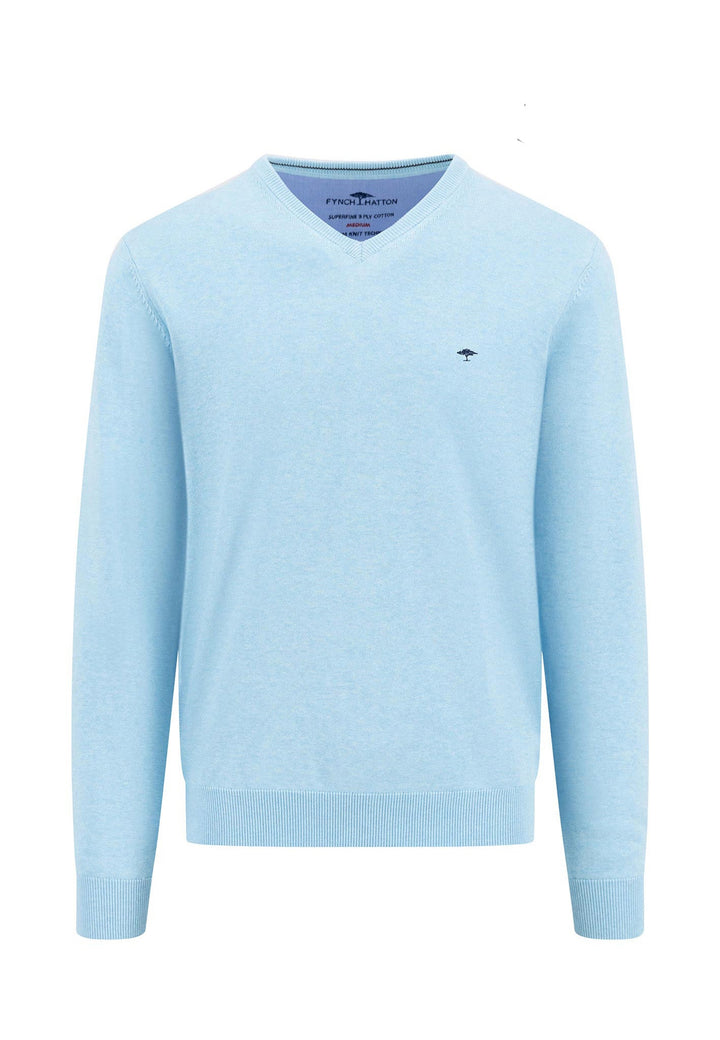 SUPERFINE V-NECK COTTON KNIT SPLASHY OCEAN-Fynch-Hatton UK