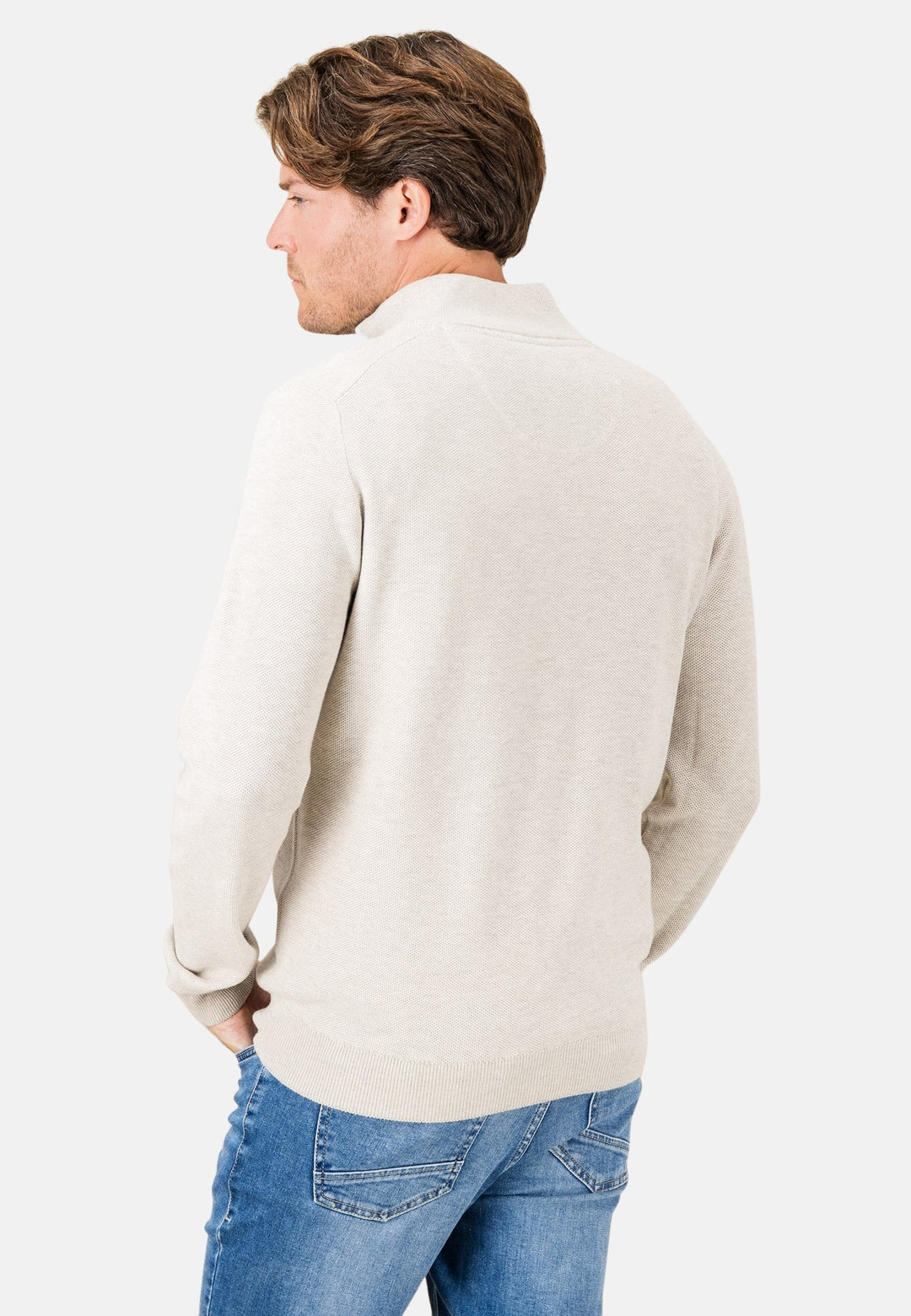 Stand Collar 1/4 Zip Cotton Knit Antique White-Fynch-Hatton UK