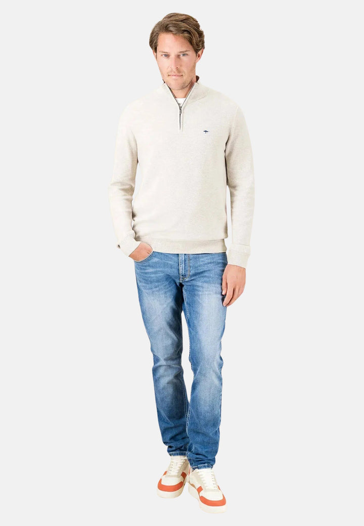 Stand Collar 1/4 Zip Cotton Knit Antique White-Fynch-Hatton UK