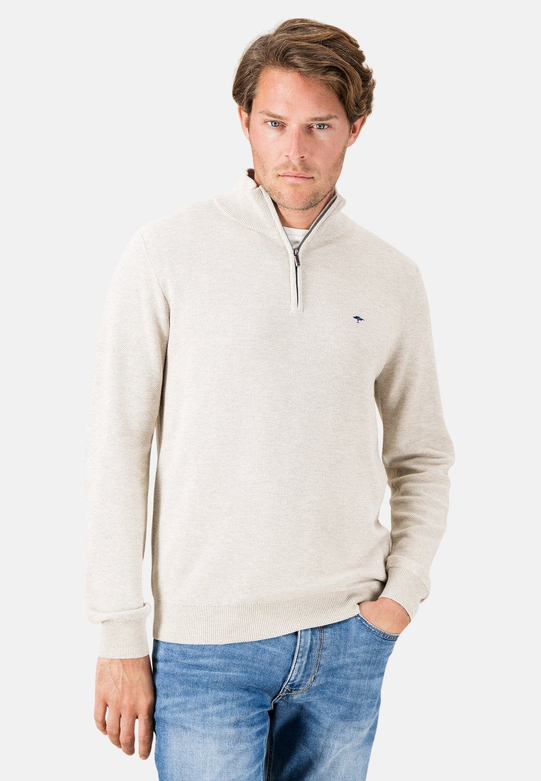 Stand Collar 1/4 Zip Cotton Knit Winter White-Fynch-Hatton UK