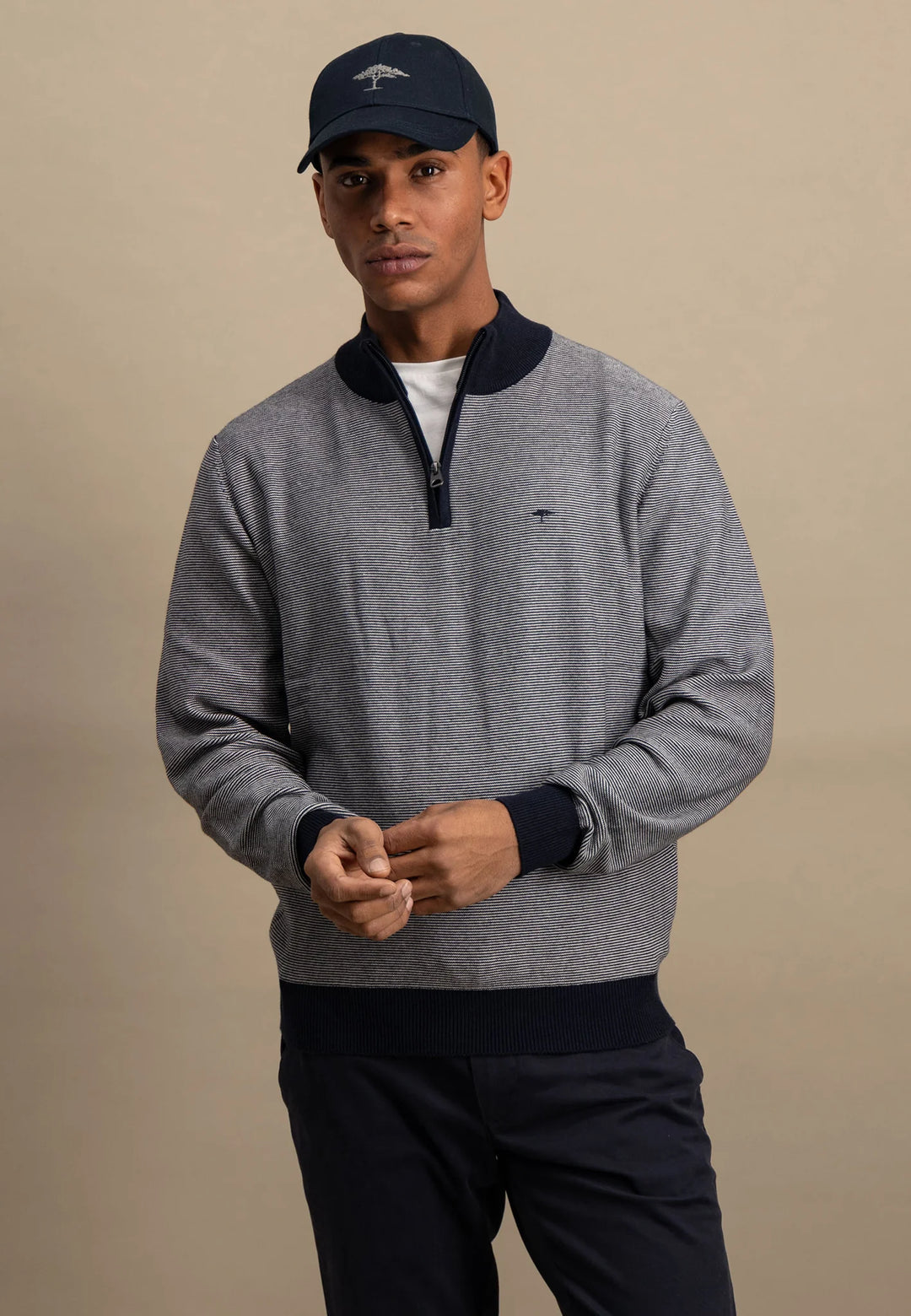 Stand Collar 1/4 Zip Striped Sweat Navy-Fynch-Hatton UK