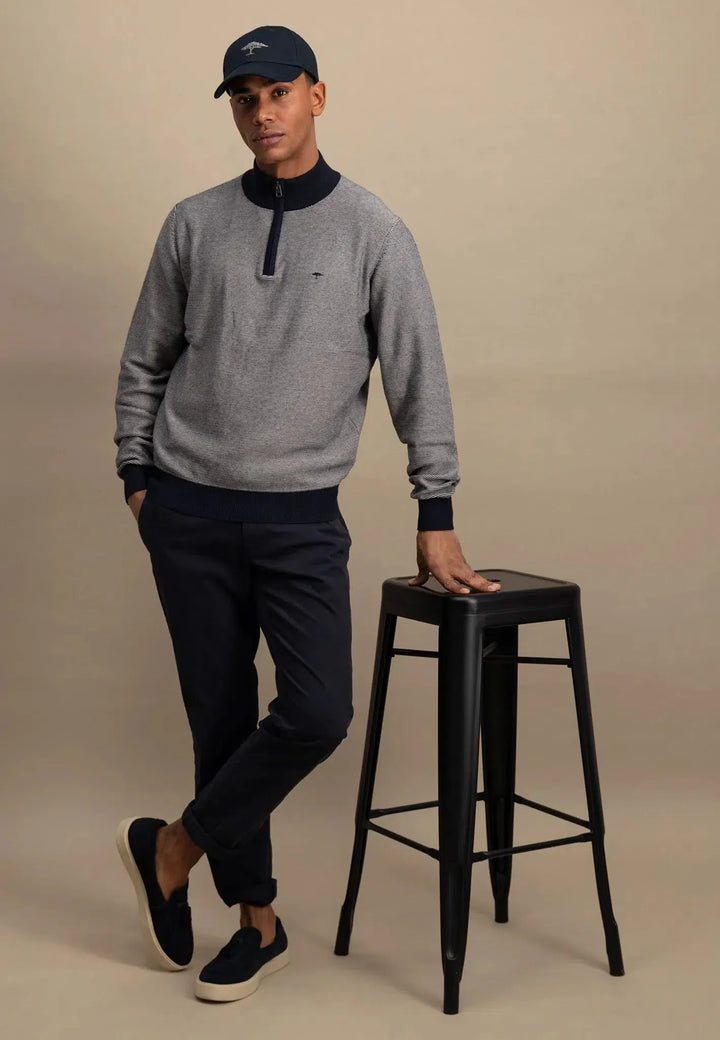 Stand Collar 1/4 Zip Striped Sweat Navy-Fynch-Hatton UK