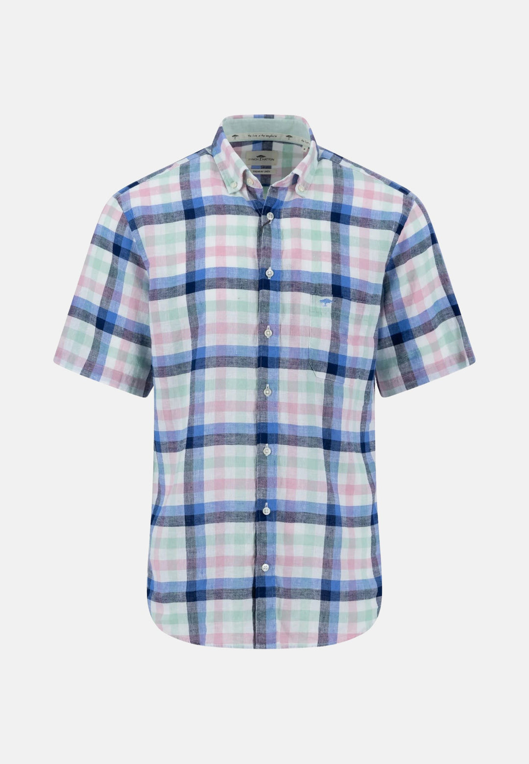 Summer Check Linen Short Sleeved Shirt Minty Green-Fynch-Hatton UK