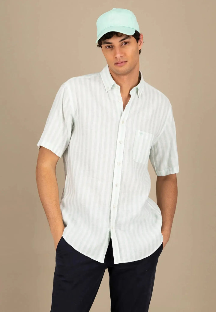 Summer Stripes Linen Short Sleeved Shirt Minty Green-Fynch-Hatton UK