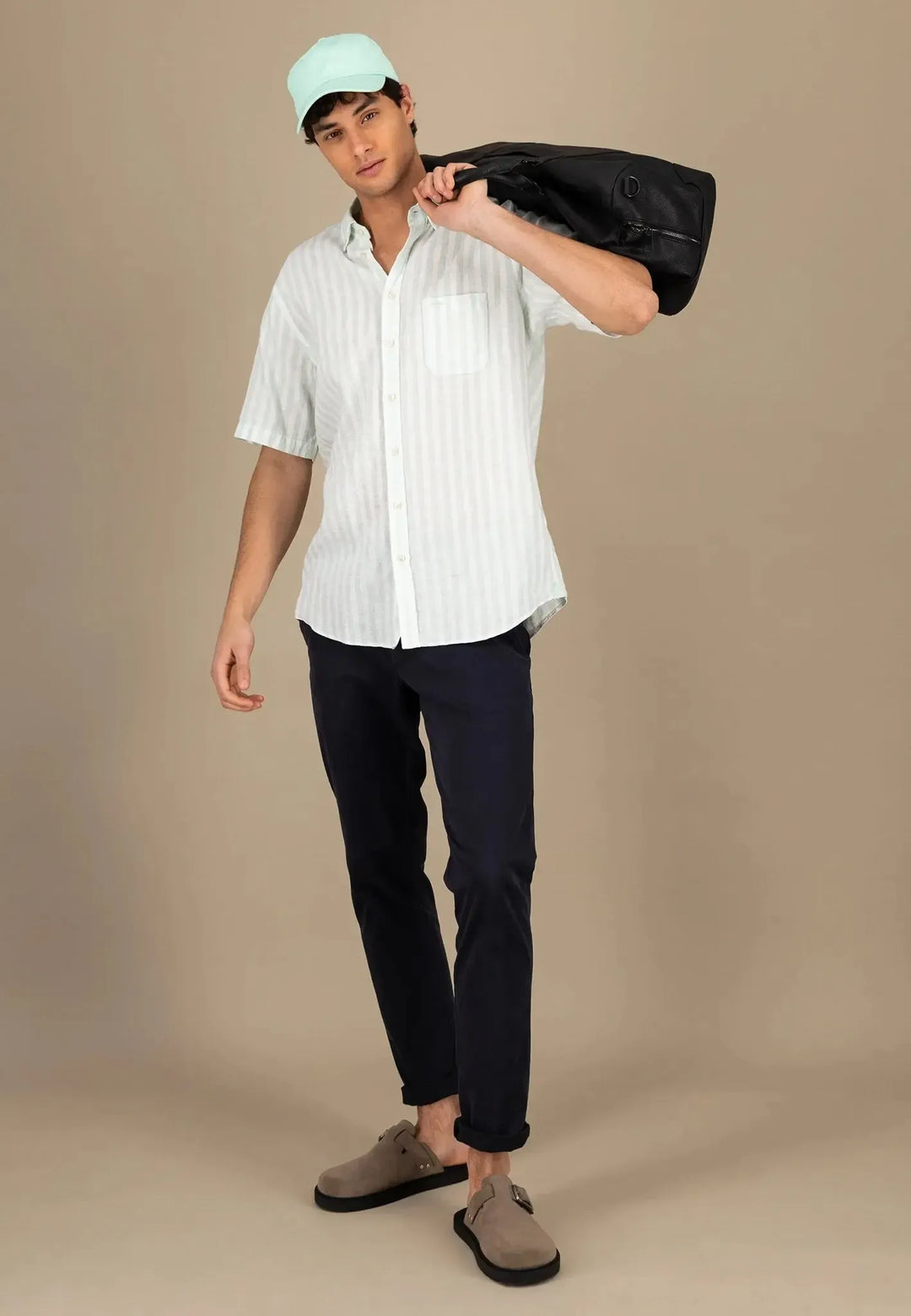 Summer Stripes Linen Short Sleeved Shirt Minty Green-Fynch-Hatton UK