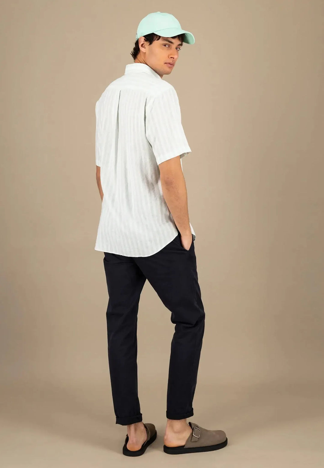 Summer Stripes Linen Short Sleeved Shirt Minty Green-Fynch-Hatton UK