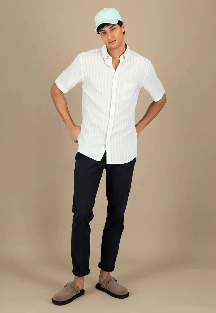 Summer Stripes Linen Short Sleeved Shirt Minty Green-Fynch-Hatton UK