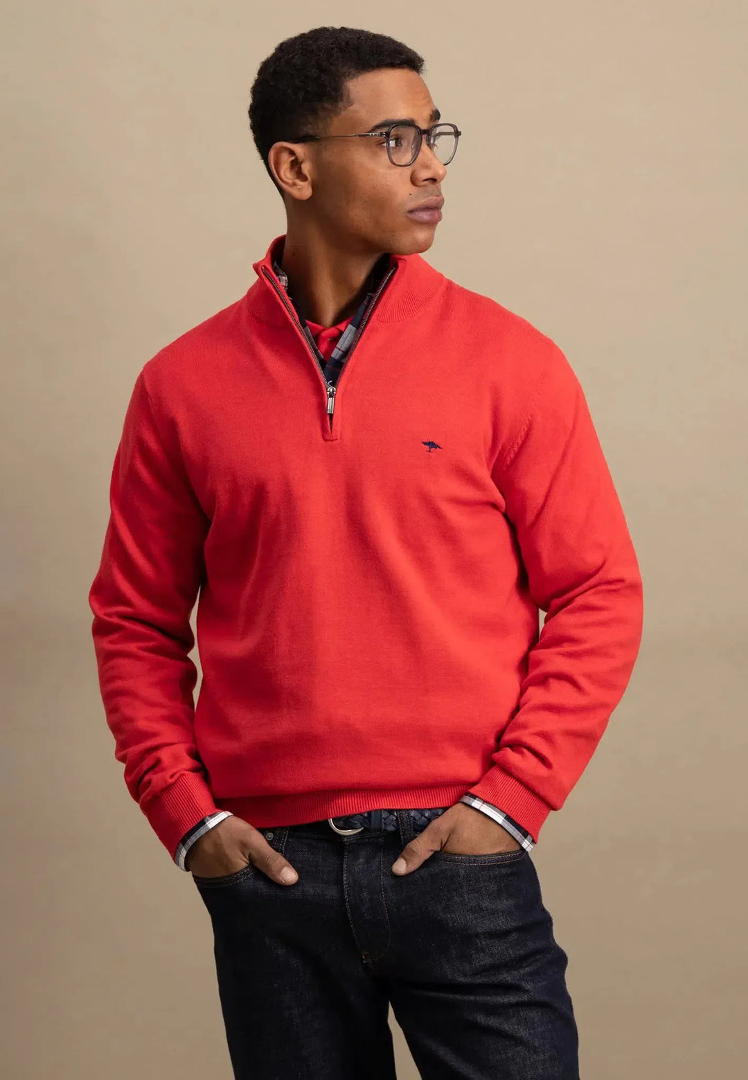 Superfine 1/4 Zip Cotton Knit Poppy Red-Fynch-Hatton UK