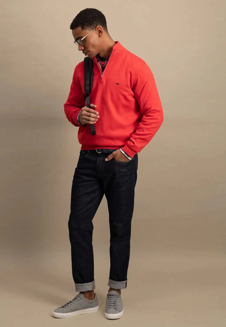 Superfine 1/4 Zip Cotton Knit Poppy Red-Fynch-Hatton UK