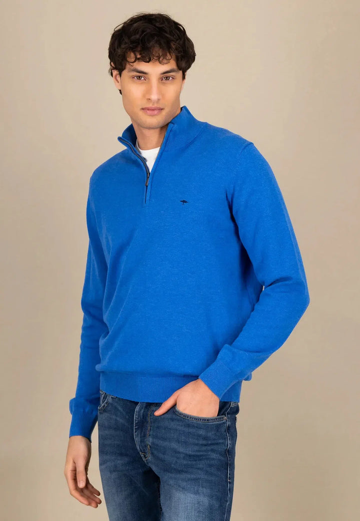 Superfine 1/4 Zip Cotton Knit Strong Blue-Fynch-Hatton UK